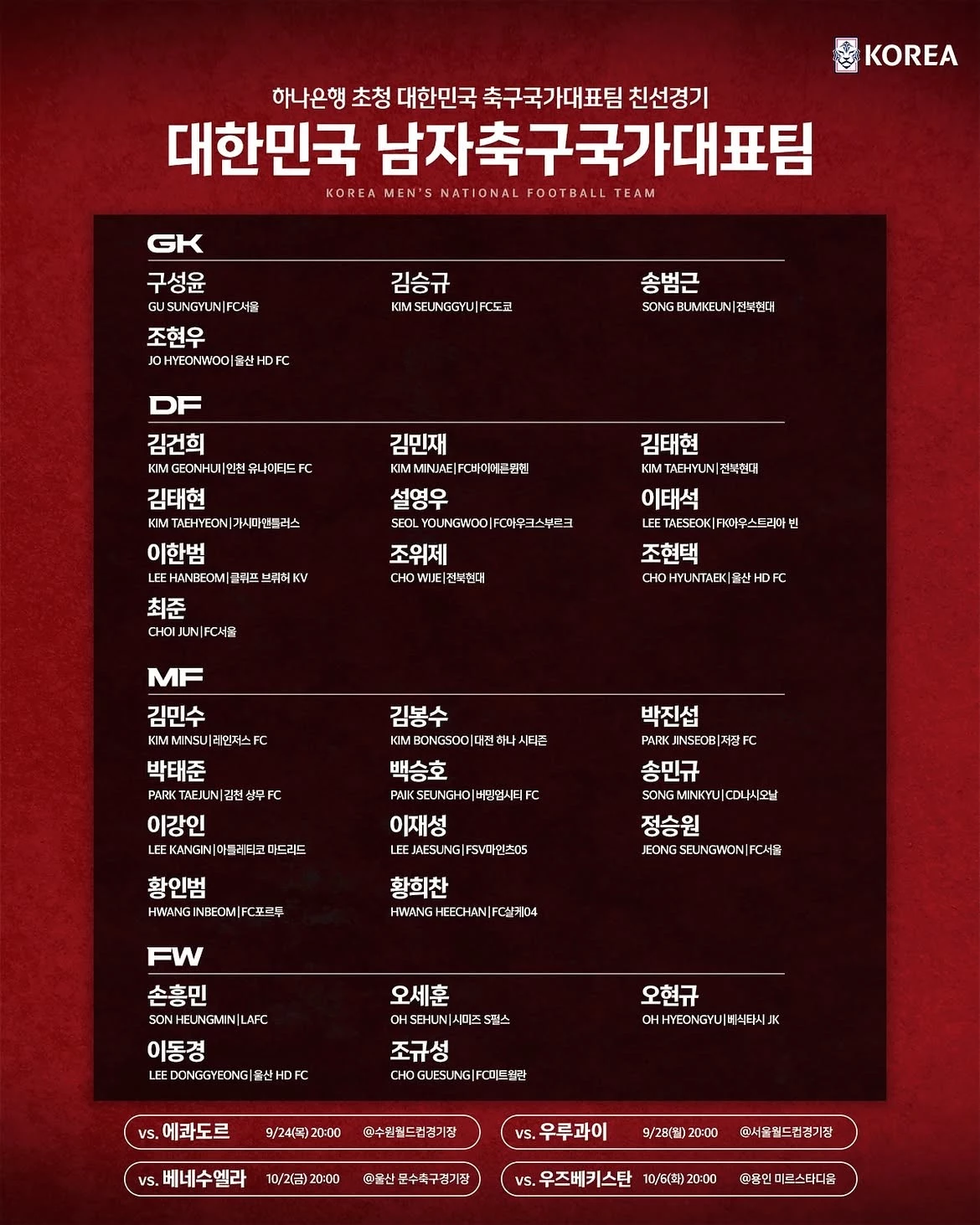 하나은행 초청 축구국가대표팀 친선경기에 참가하는 대한민국 축구국가대표팀 명단. / 대한민국 축구국가대표팀 공식 인스타그램