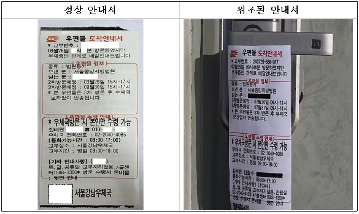 정상 우편물 도착안내서(좌), 위조 우편물 도착안내서(우). / 우정사업본부