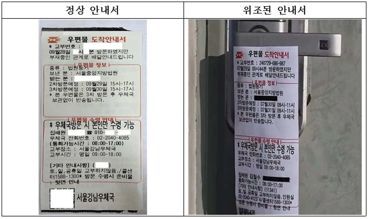 정상 우편물 도착안내서(좌), 위조 우편물 도착안내서(우). / 우정사업본부