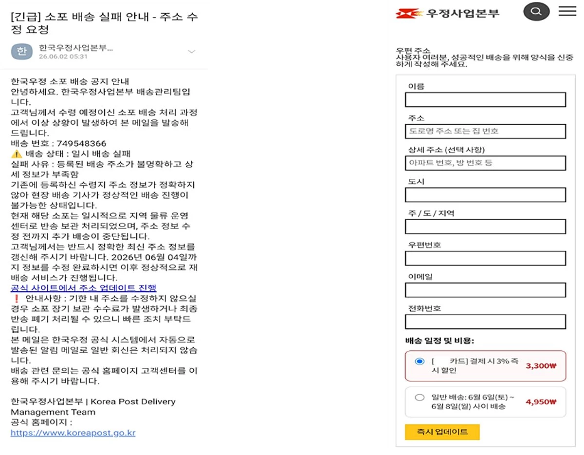 우체국 사칭 피싱 이메일. 우정사업본부는 ▲의심스러운 메일 내 링크 클릭 금지 ▲우체국 공식 문자·앱·홈페이지 알림을 통한 확인 ▲주소·금융 정보 등 개인정보 입력 금지 ▲의심 메일 즉시 삭제 및 우편고객센터(1588-1300)를 통한 확인 등을 당부했다. / 우정사업본부