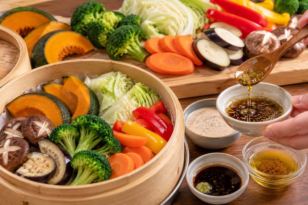채소찜과 소스 / 기사 내용을 바탕으로 제작한 AI 이미지. 실제 모습과 차이가 있을 수 있습니다