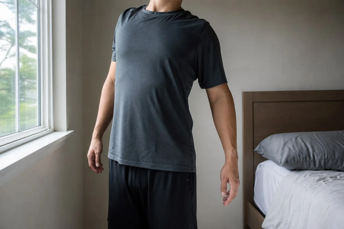 어깨는 뒤로 먼저, 목은 튕기지 않고 좌우로만 돌린다 — 내용 이해를 돕는 AI 이미지
