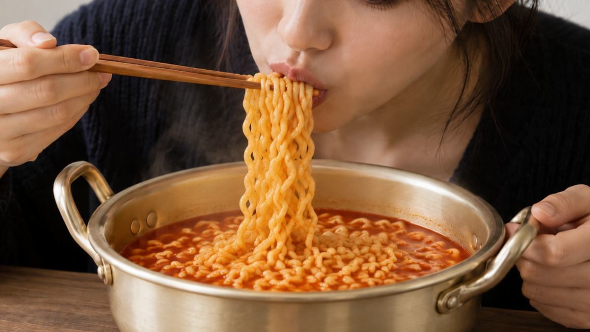 오동통한 면, 너구리 라면을 먹는 사람. 기사 이해를 돕기 위해 AI툴로 생성한 자료사진. (실제와 차이가 있을 수 있음을 알립니다.)