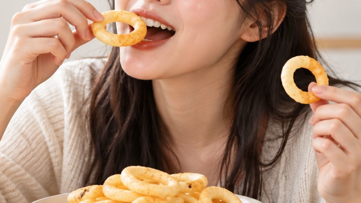 양파링 먹는 사람. 기사 이해를 돕기 위해 AI툴로 생성한 자료사진. (실제와 차이가 있을 수 있음을 알립니다.)
