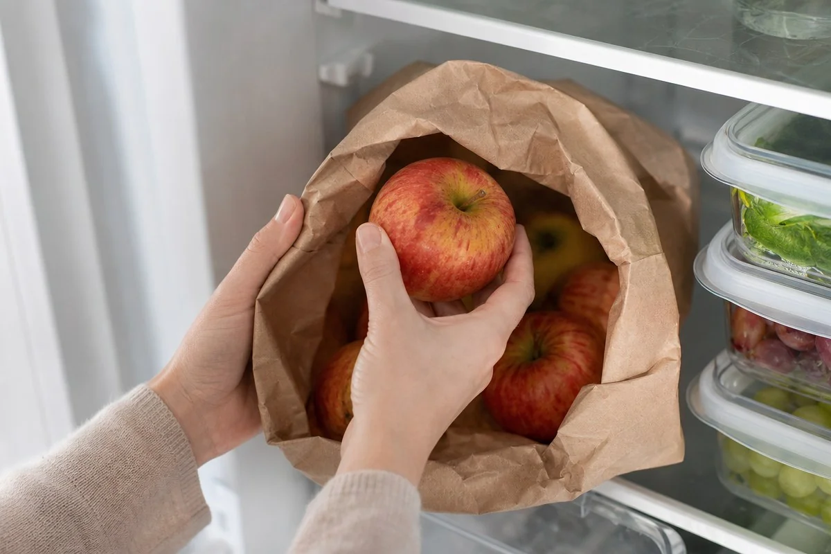 며칠에 한 번 봉투를 열어 물렁한 사과를 빼내고, 먹기 전에는 잠깐 둔다 — AI 자료 이미지
