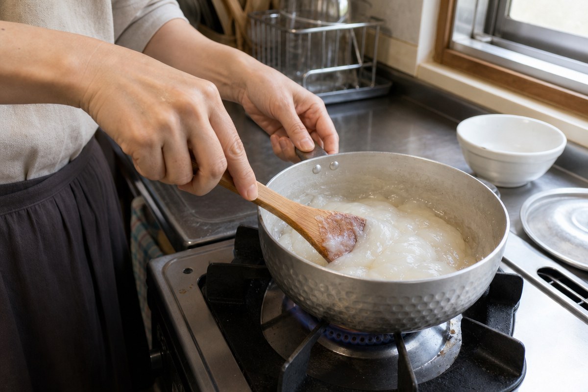 '찹쌀가루' 2큰술에 물 한 컵 비율로 쑤세요, 식힌 뒤 섞으면 식감이 삽니다