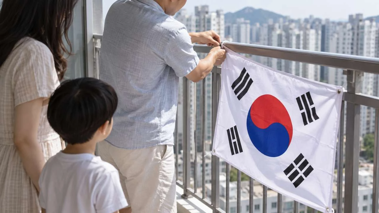 태극기를 베란다에 고정하고 있다. / AI 생성 이미지