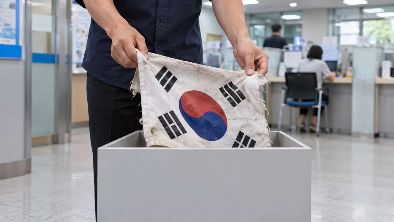 낡은 태극기를 주민센터에 반납하는 모습. / AI 생성 이미지