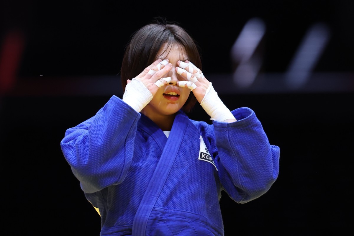 아시안게임 유도 여자 57kg급 경기 금메달 확정 직후 눈물을 보인 허미미 / 뉴스1