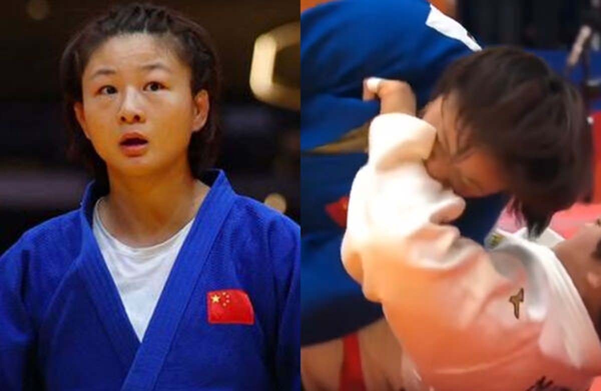 중국 여자 유도 국가대표인 탕징(唐婧)과 탕징이일본의 마에다 린을 물고 있는 모습. 1일 일본 나고야 아이치국제아레나에서 열린 2026 아이치·나고야 아시안게임 유도 여자 70kg급 8강전의 모습이다. / 경기 영상 캡처(X)