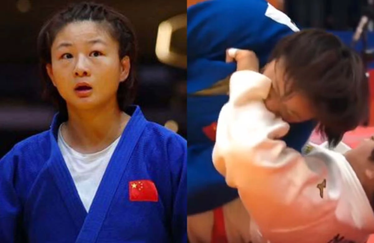 중국 여자 유도 국가대표인 탕징(唐婧)과 탕징이일본의 마에다 린을 물고 있는 모습.  1일 일본 나고야 아이치국제아레나에서 열린 2026 아이치·나고야 아시안게임 유도 여자 70kg급 8강전의 모습이다. / 경기 영상 캡처(X)
