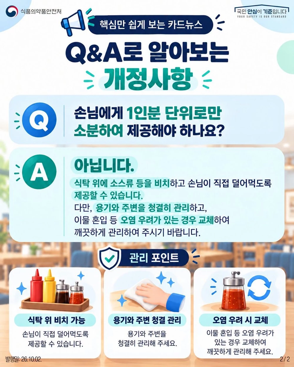 식품의약품안전처가 페이스북에 올린 내용. 식당에서 여러 사람이 이용할 수 있도록 테이블에 소스류를 비치하는 행위가 금지됐다는 글이 최근 온라인 공간에서 빠르게 확산했다. 이에 대해 식품의약품안전처가 이는 사실이 아니라고 밝혔다. 식품의약품안전처는 2일 블로그와 페이스북 등에 올린 글에서 '케첩, 머스터드, 간장 등 소스류는 식탁 위에 비치해 손님이 직접 덜어 먹게 제공할 수 있다'라며 '1인분 단위로 소분해 제공해야 하는 것은 아니'라고 설명했다. 식품의약품안전처는 그러면서 '안심하고 이용할 수 있도록 용기와 주변은 청결하게 관리하고 오염 우려가 있는 경우에는 교체해야 한다'라고 덧붙였다. / 식품의약품안전처 페이스북