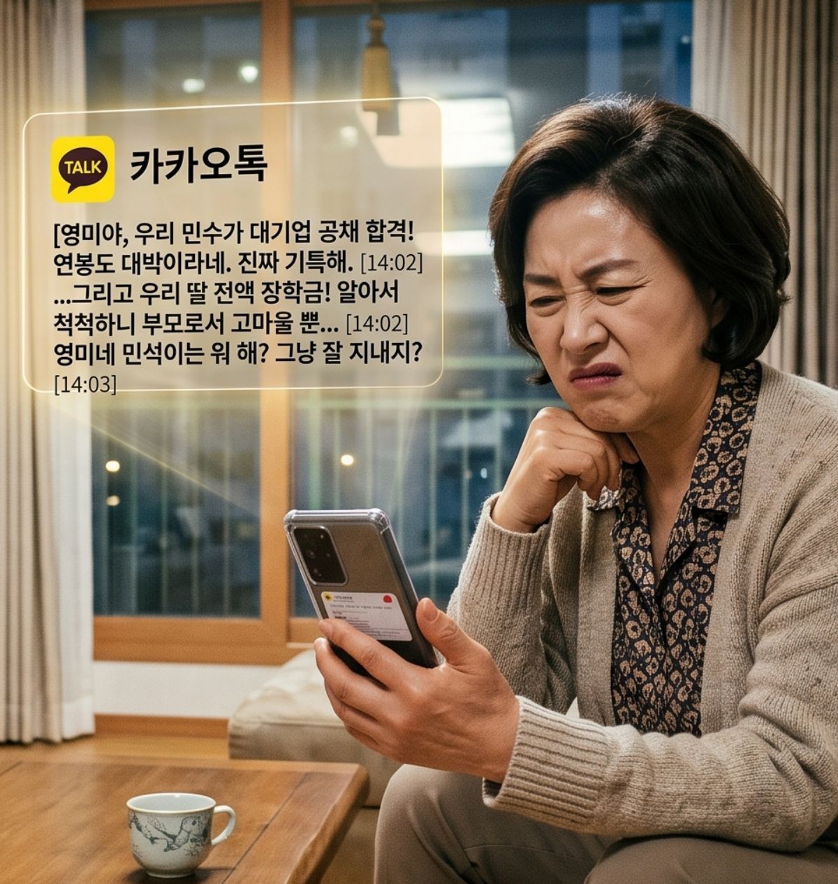 일방적으로 자랑만 늘어놓는 카톡. 기사 내용 토대로 AI툴 활용해 제작한 자료사진.