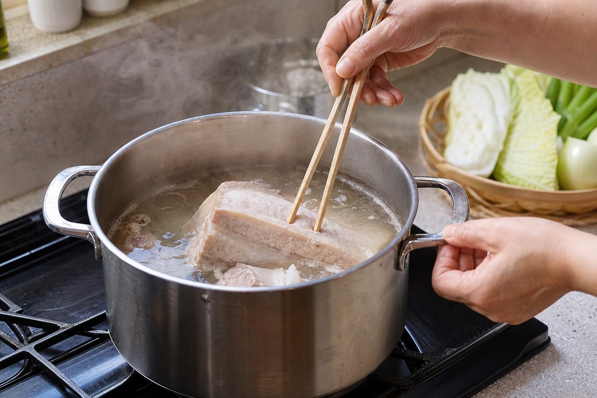 김장 수육 속이 익었는지 '젓가락'으로 찔러보세요, 핏물 비치면 더 삶아야 합니다