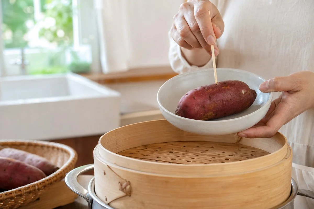 찌는 시간은 전자레인지 10분부터 밥솥 60분까지 도구마다 크게 갈린다 — 이해를 돕는 AI 자료 이미지