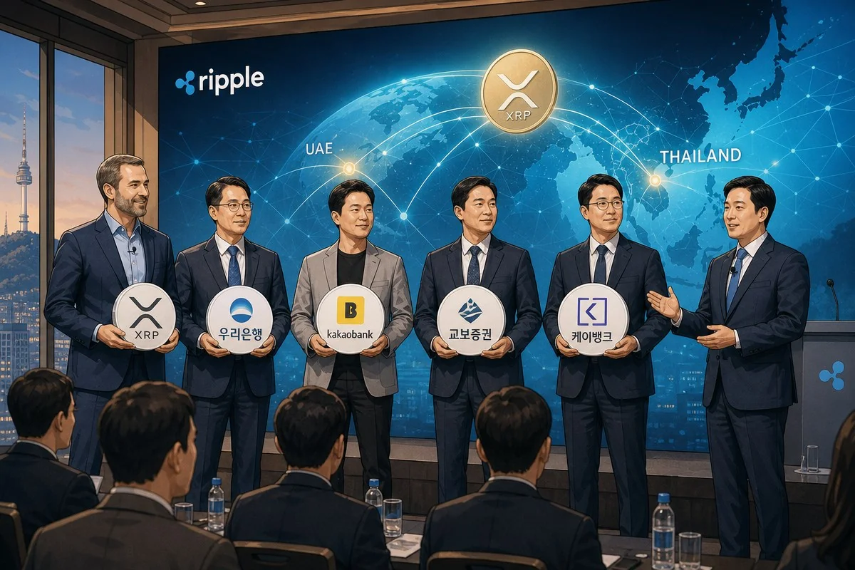 리플 사장 옆 무대에 선 국내 금융사들 — AI 자료 이미지