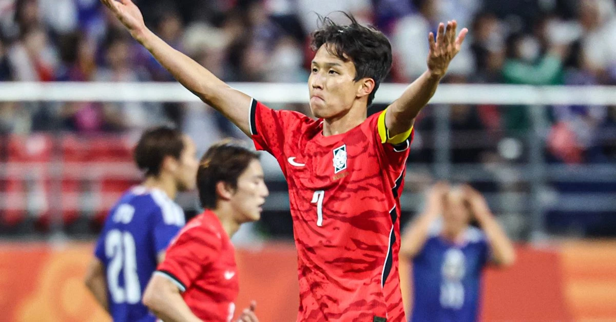 3일 일본 아이치현 도요타 스타디움에서 열린 2026 아이치·나고야 아시안게임 축구 결승전 대한민국과 일본의 경기, 대한민국 엄지성이 선제골을 넣은뒤 세리머니를 하고 있다. / 뉴스1