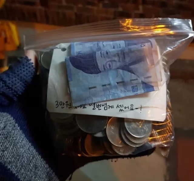 서울시 관악구 판자촌 일대로 피자 배달을 수행한 배달 기사가 동전으로 마련된 3만 원의 음식값을 확인한 모습 / 온라인 커뮤니티