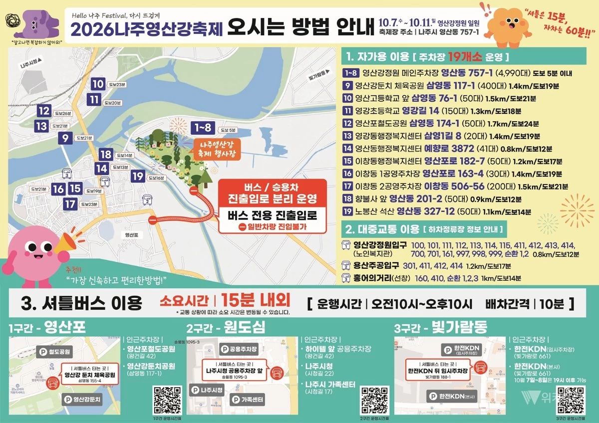 나주시가 오는 10월 7일부터 11일까지 영산강정원 일원에서 열리는 ‘2026 나주영산강축제’를 앞두고 교통·주차 종합대책을 마련했다