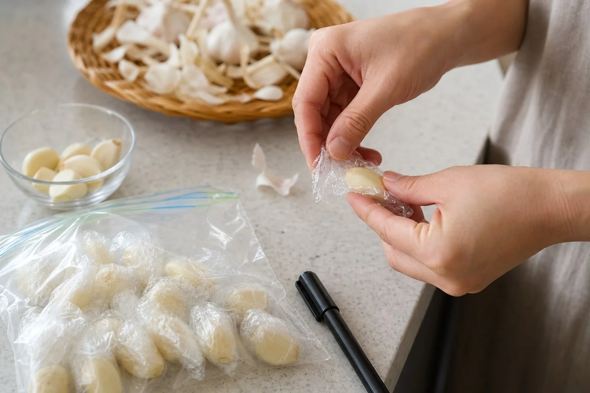 껍질째 쪽마늘은 쓸 만큼씩 랩에 싸 밀봉한다 — 내용 이해를 돕는 AI 이미지