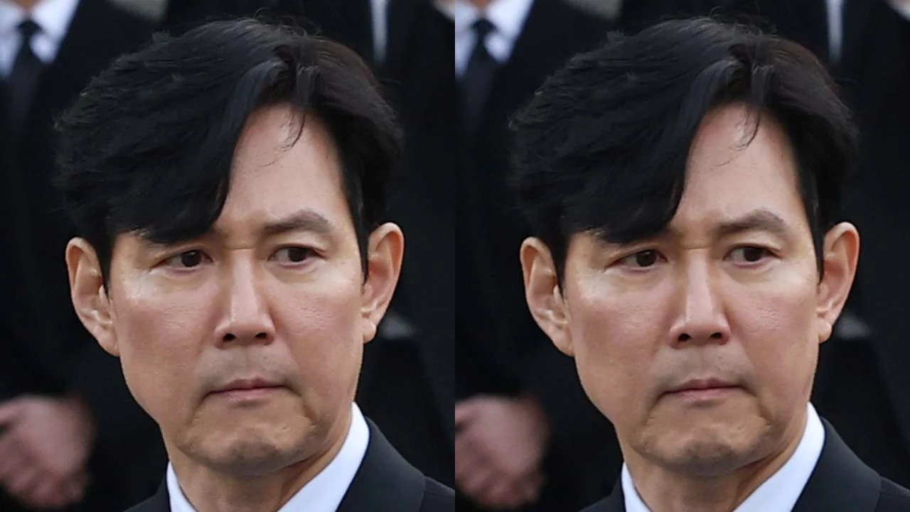 배우 이정재가 9일 오전 서울 중구 명동성당에서 고 안성기의 장례 미사를 마친 뒤 영결식장으로 향하고 있다. / 뉴스1