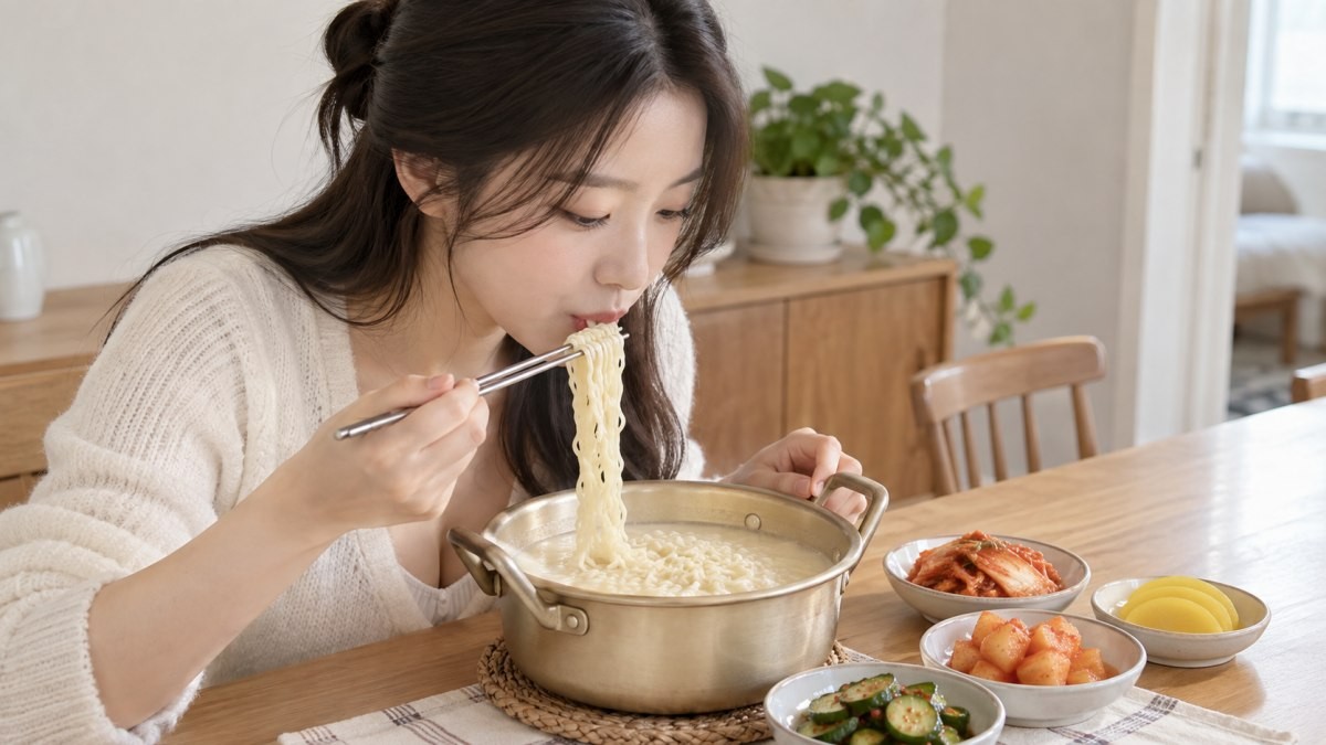 흰 국물 라면에 다양한 반찬을 곁들여 먹는 사람. 기사 이해를 돕기 위해 AI툴로 생성한 자료사진.
