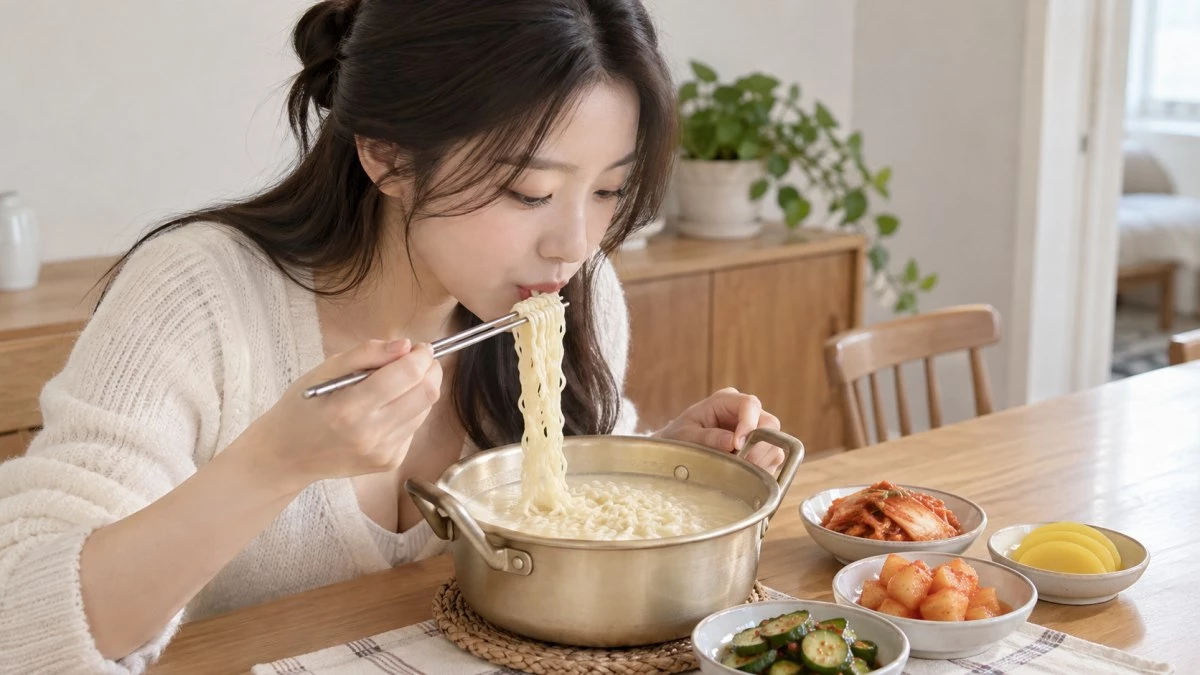 흰 국물 라면에 다양한 반찬을 곁들여 먹는 사람. 기사 이해를 돕기 위해 AI툴로 생성한 자료사진.