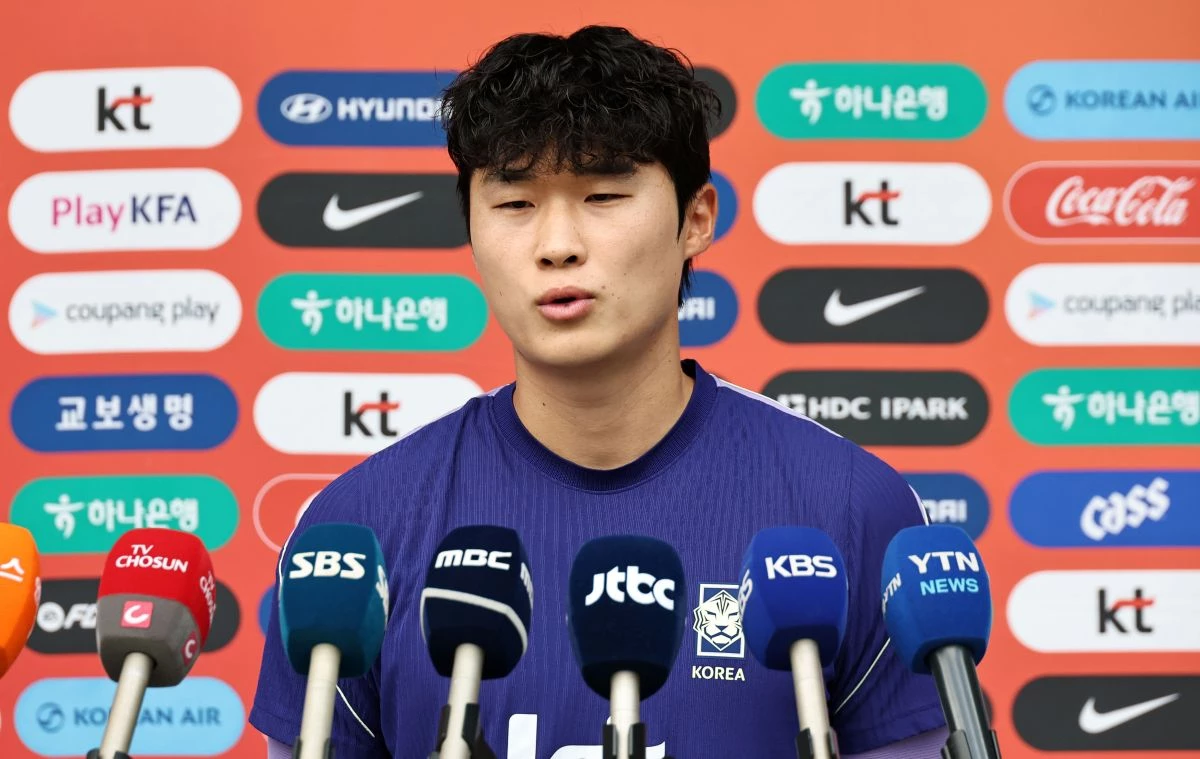 한국 축구대표팀 김태현이 우즈베키스탄과의 경기를 하루 앞두고 5일 충남 천안시 코리아풋볼파크에서 기자회견을 하고 있다. / 연합뉴스