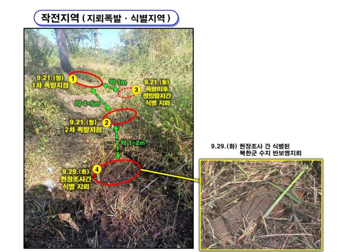 합동참모본부가 지난 5일 서울 용산구 국방부에서 열린 25사단 DMZ 작전간 지뢰 폭발상황 관련 합참 합동 현장조사 TF 최종 조사결과를 발표하며 사진을 공개했다. / 합동참모본부 제공, 뉴스1