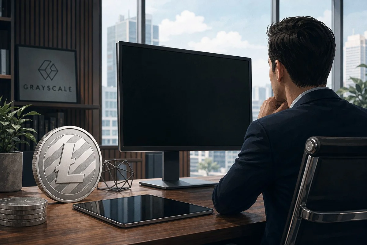 사무실 책상 앞에서 라이트코인 동전과 모니터를 바라보는 남성 — AI 자료 이미지