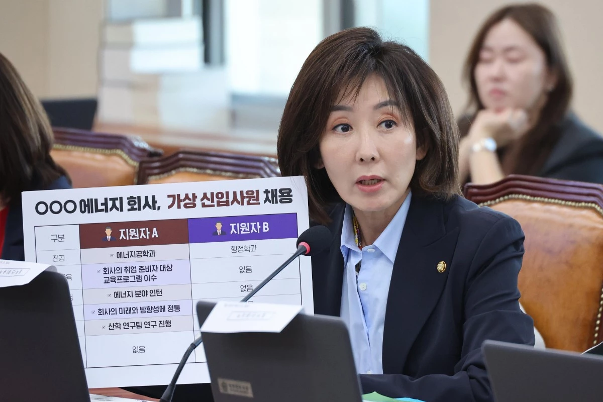 나경원 국민의힘 의원이 6일 서울 여의도 국회에서 열린 기후에너지환경노동위원회의 기후에너지환경부에 대한 국정감사에서 질의하고 있다. / 뉴스1