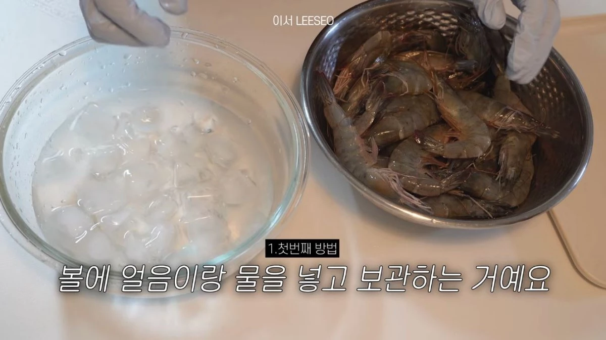 볼에 얼음과 물을 넣어 생새우를 보관하는 모습. / 유튜브 '이서 LEESEO'