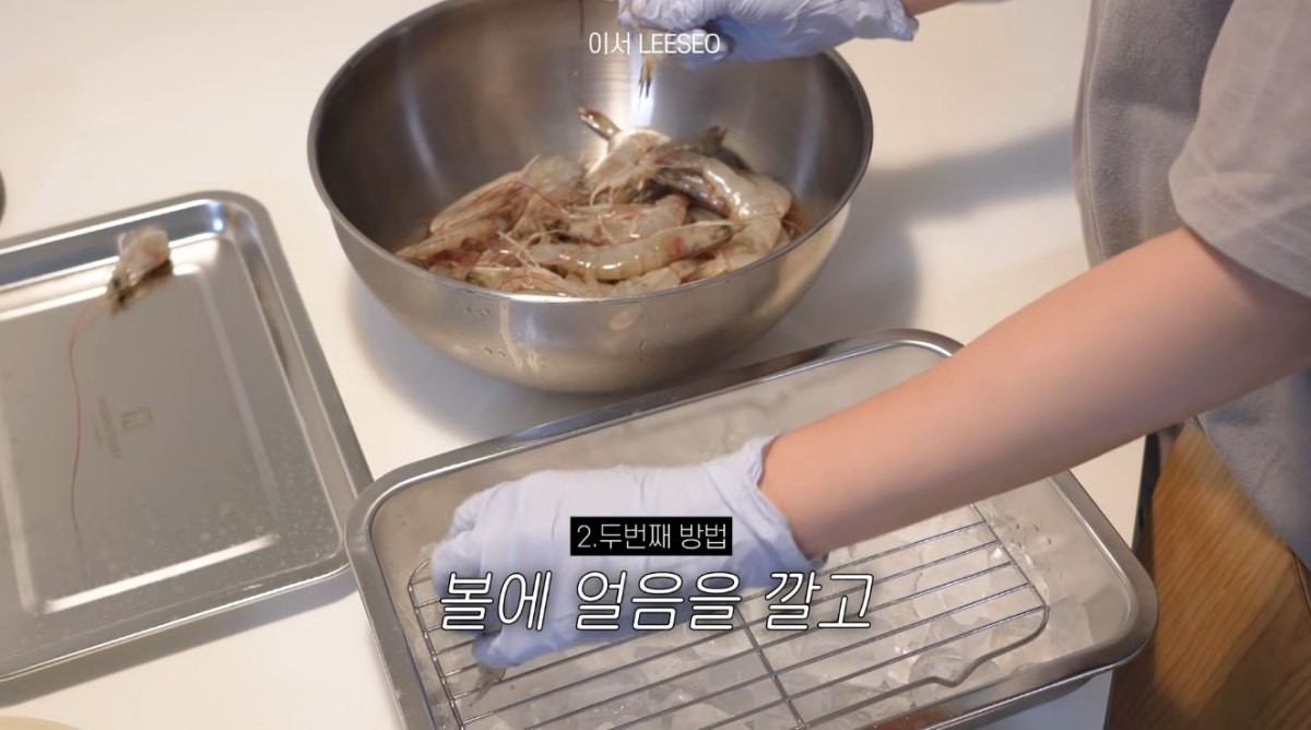 얼음 위에 비닐을 한 장 깔고 그 위에 생새우를 올려두는 모습. / 유튜브 '이서 LEESEO'