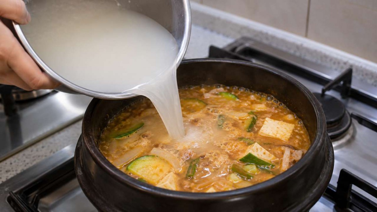 된장찌개에 쌀뜨물을 붓고 있다. / AI 생성 이미지