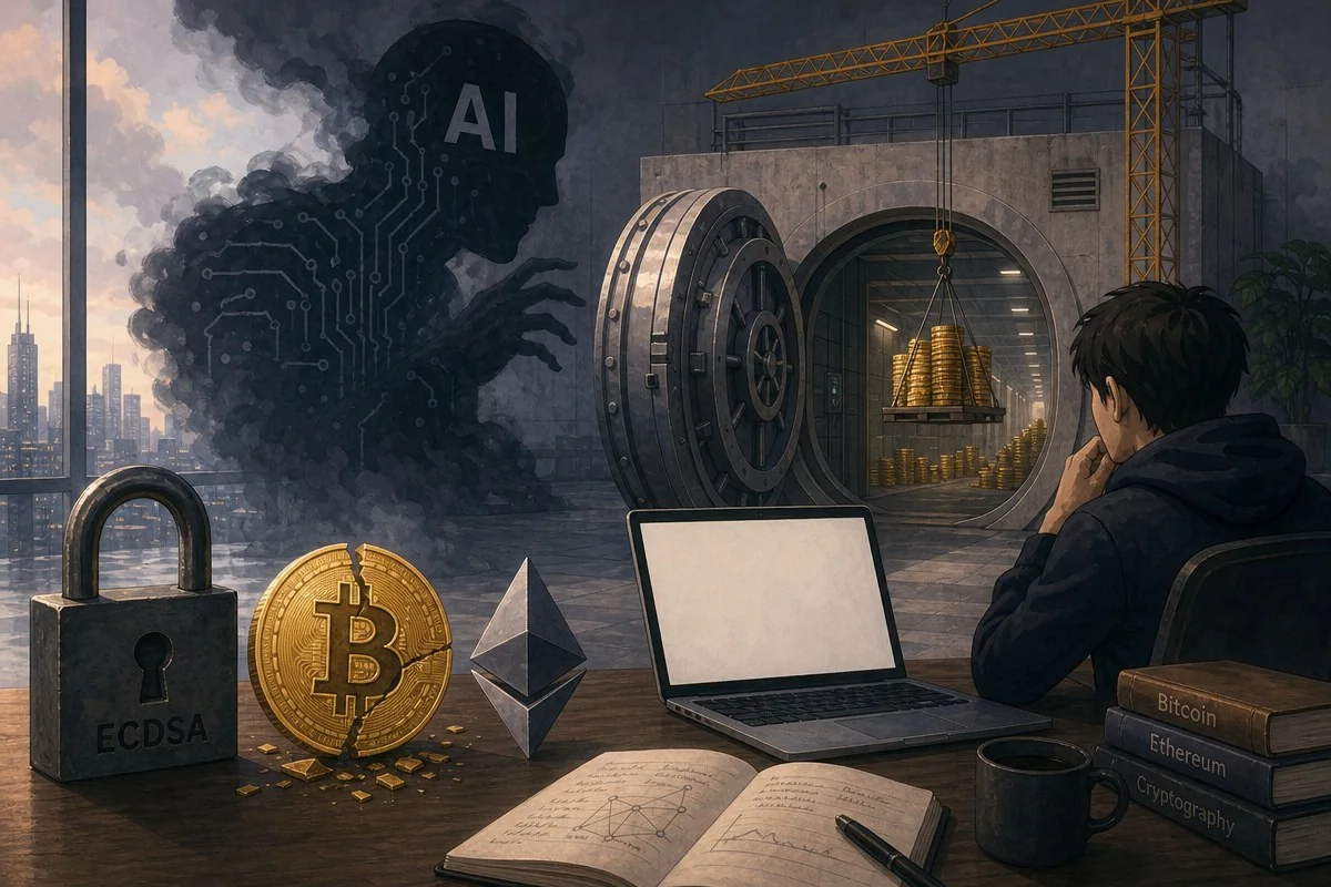비트코인·이더리움 모형과 자물쇠 옆 노트북 앞에 앉은 인물 — AI 자료 이미지