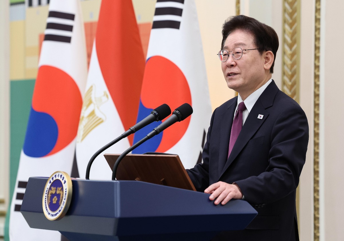 이재명 대통령이 8일 청와대에서 열린 압델파타 알시시 이집트 대통령 방한 국빈 오찬에서 발언을 하고 있다. / 뉴스1