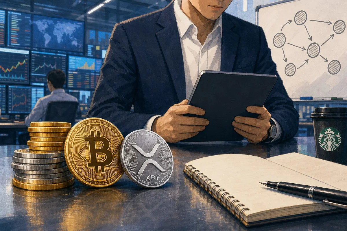 정장을 입은 남성이 태블릿을 들고 있는 책상 위 비트코인·XRP 코인과 동전 더미 — AI 자료 이미지