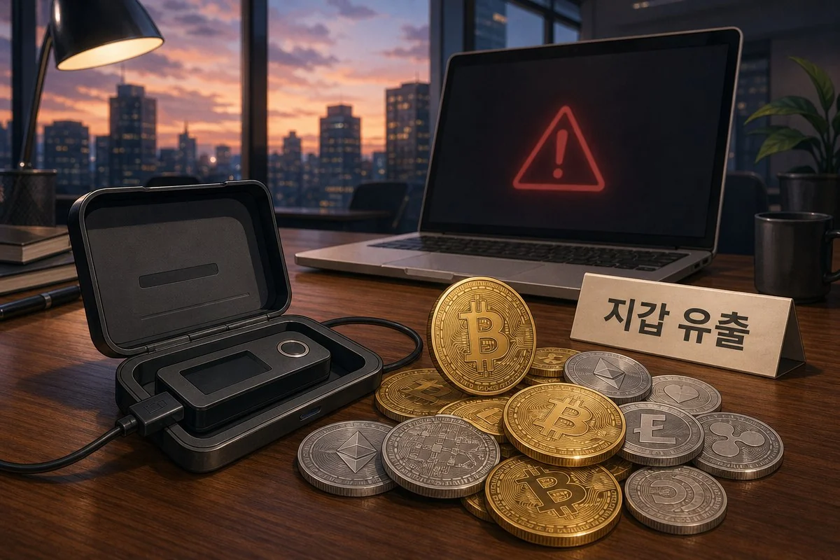 경고 표시가 뜬 노트북 앞에 암호화폐 동전과 지갑이 놓인 모습 — AI 자료 이미지