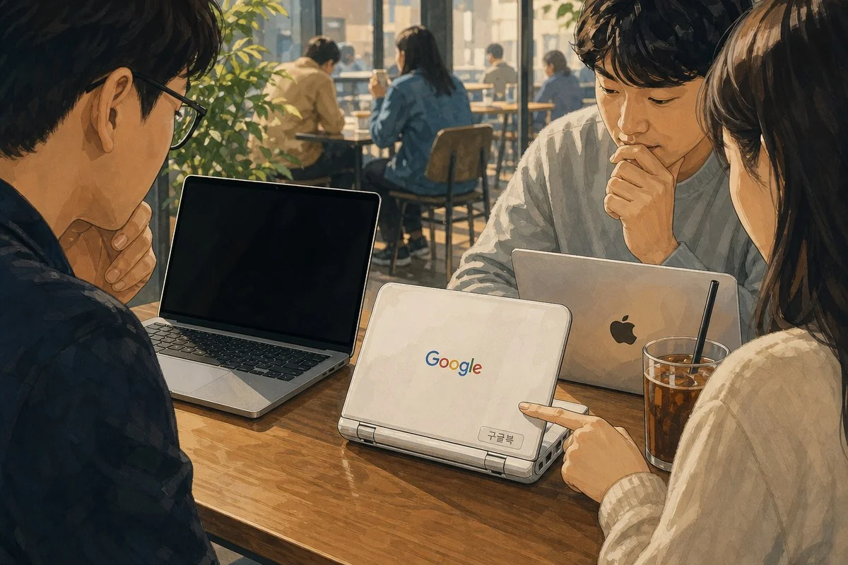 카페 테이블에서 여러 노트북을 함께 살펴보는 세 사람의 모습 — AI 자료 이미지