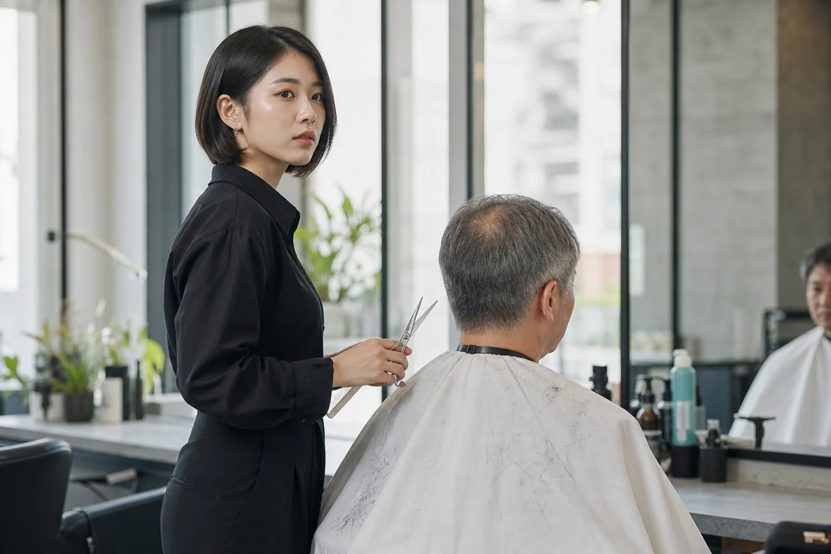 미용실에서 남성 손님의 머리카락을 가위로 다듬는 여성 미용사 — AI 자료 이미지