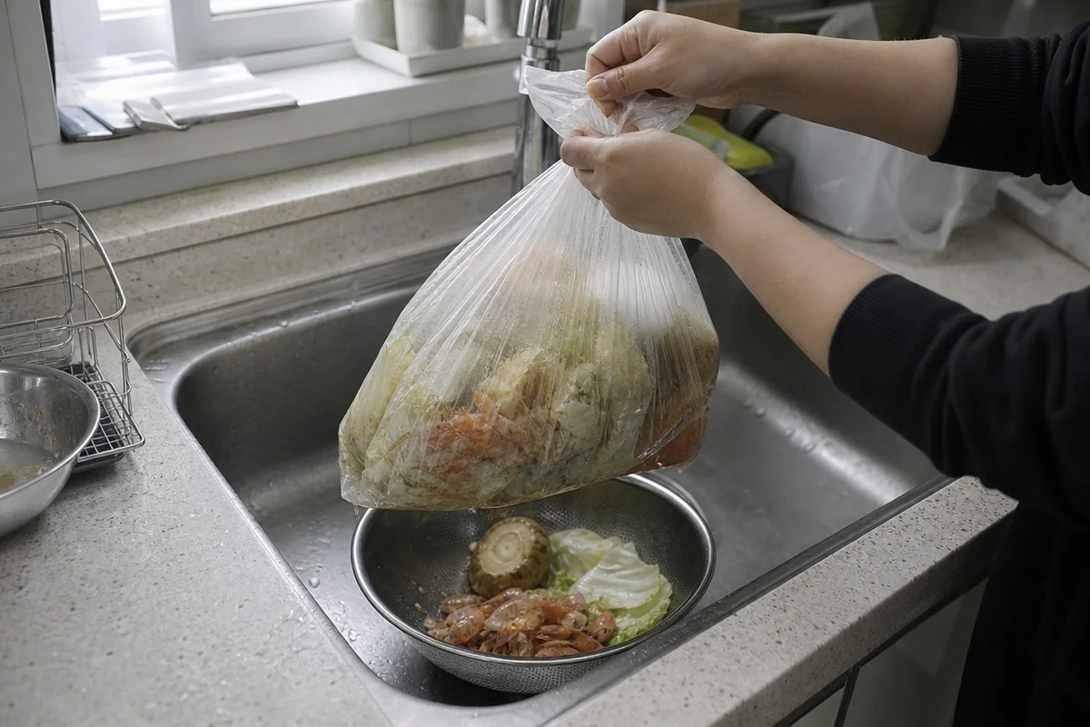 배추 뿌리·굵은 줄기·해산물 껍데기는 우리 동네 공지로 가른다 — 내용 이해를 돕는 AI 이미지