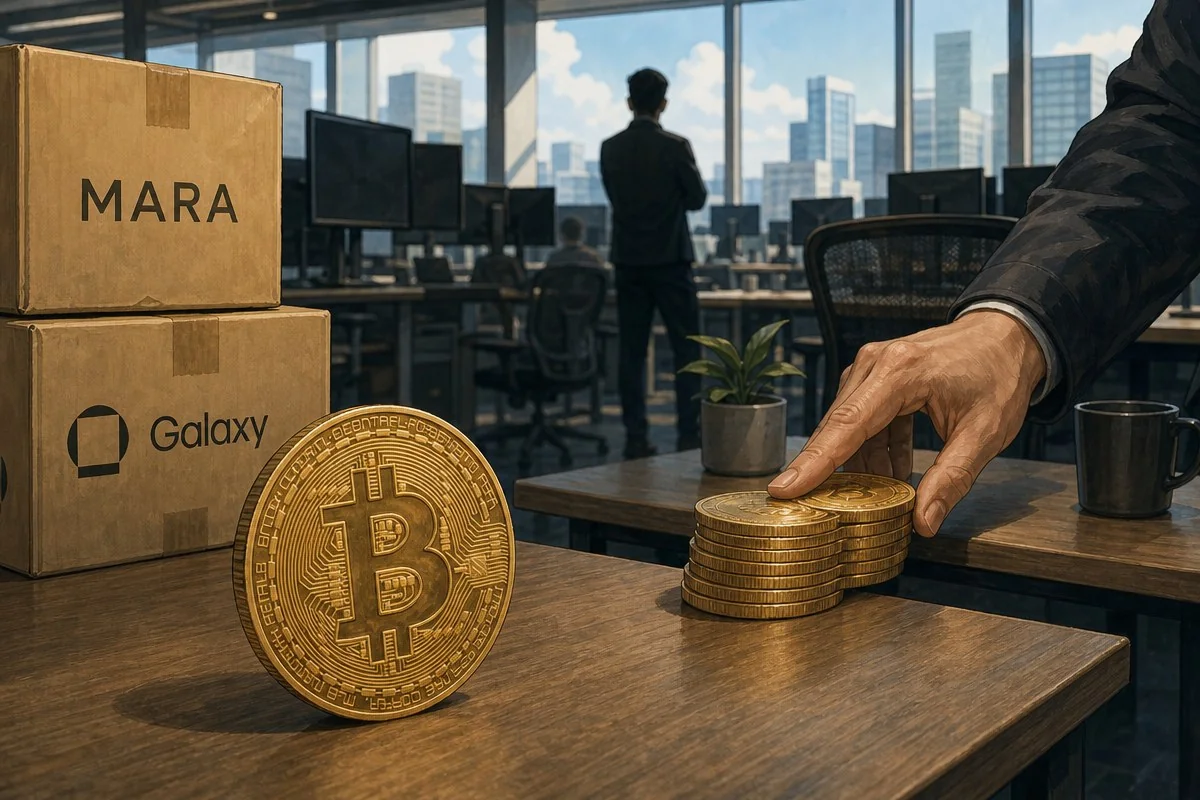 MARA·Galaxy 상자 옆에서 비트코인 모형을 쌓는 모습 — 내용 이해를 돕는 AI 이미지