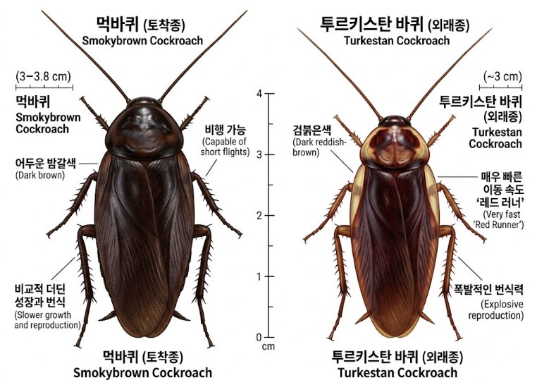 한국 토착 바퀴벌레와 투르키스탄 바퀴의 차이점. / 단순 자료 사진. 기사 이해를 돕기 위해 AI로 제작한 이미지.