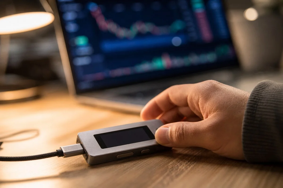 노트북 차트 화면 앞에서 USB 케이블 연결 기기를 잡은 손 — AI 자료 이미지