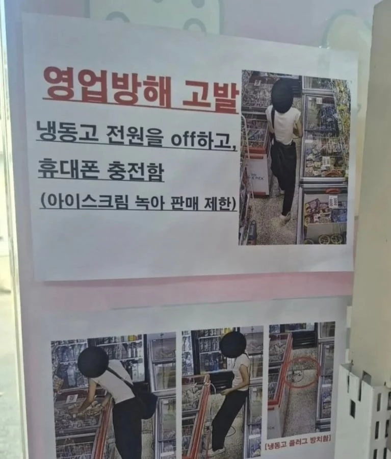한 무인 아이스크림 매장에서 방문객이 냉동고 전원 플러그를 뽑고 자신의 휴대폰을 충전하는 모습 / 온라인 커뮤니티