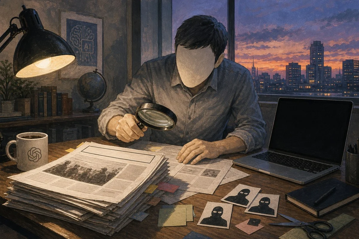 도시 야경이 보이는 창가 책상에서 돋보기로 신문을 살펴보는 인물 — 내용 이해를 돕는 AI 이미지