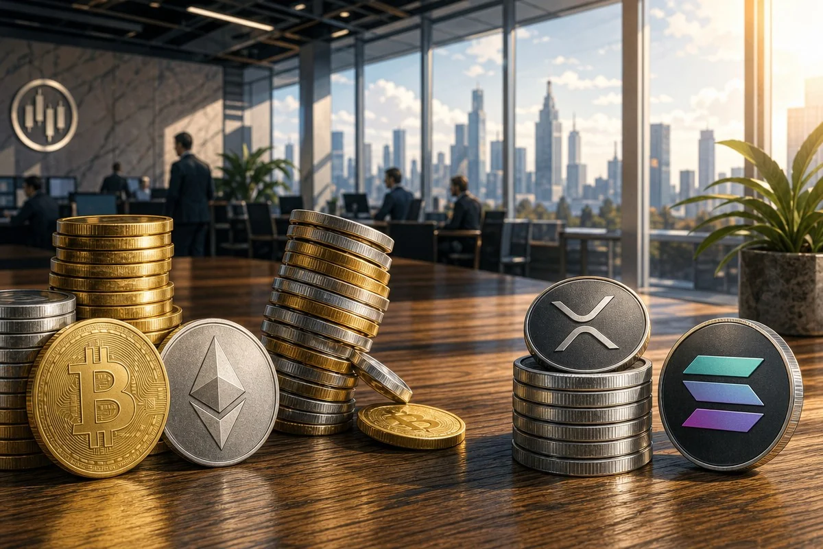 비트코인·이더리움·XRP·솔라나 동전이 놓인 사무실 창가 — AI 자료 이미지