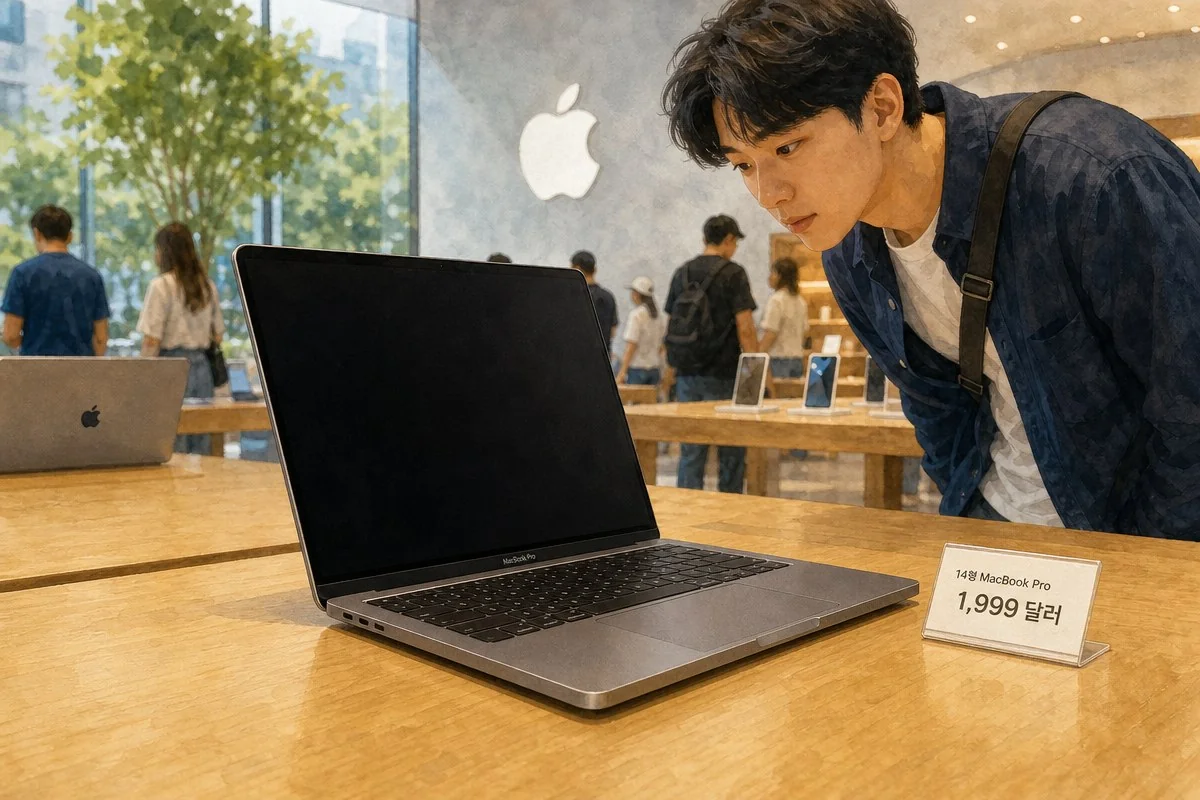 매장 나무 테이블 위 펼쳐진 노트북을 살펴보는 모습 — 이해를 돕는 AI 자료 이미지