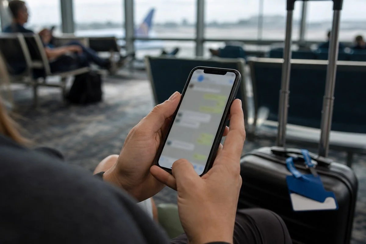공항 대기 공간에서 휴대전화를 들여다보는 승객과 여행 가방 — AI 자료 이미지