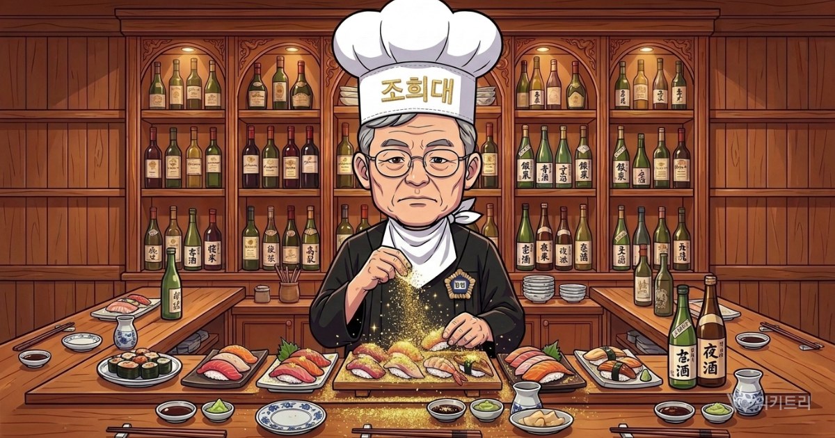 [위키만평] 7만 5천 원 스시·1억 와인 먹고 “식삿값 몰랐다” 해명한 조희대 대법원장